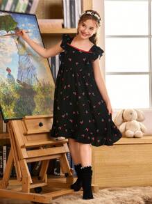 CottageSlumber Camisón holgado sin mangas para niñas con escote cuadrado, ribete con volantes y estampado de cerezas en color contrastante - Negro - Ver 4