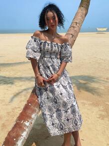 DAZY Vestido longo feminino com estampa floral e ombros à mostra, ideal para praia e cruzeiro. Estilo boho. - Azul - Ver 7