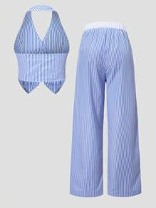 2 pièces Ensemble de gilet sans manches rayé & pantalon large rayé pour adolescente, tenue décontractée légère pour le bureau et le port quotidien, été