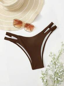 Sweetra Solid Color Bikini Bottom, Vacation/Beach For Summer - Brown - View 5