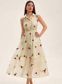 Aveloria Apricot Background Embroidered Standing Collar Half-Open Front Sleeveless Dress All Over Print  For Summer Spring Fall Autumn