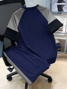 SHEIN 2pcs/Set Teen Boys Casual Splice Contrast Color Raglan Sleeve T-Shirt And Shorts Set, Street Punk Rock Style For Party, Festivals, Everyday Wear, Suitable For Spring/Summer - Navy Blue - View 2