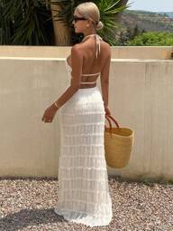 DAZY 여성 휴가 스타일 레이스업 홀터 롱 드레스, 캐주얼 여성 드레스