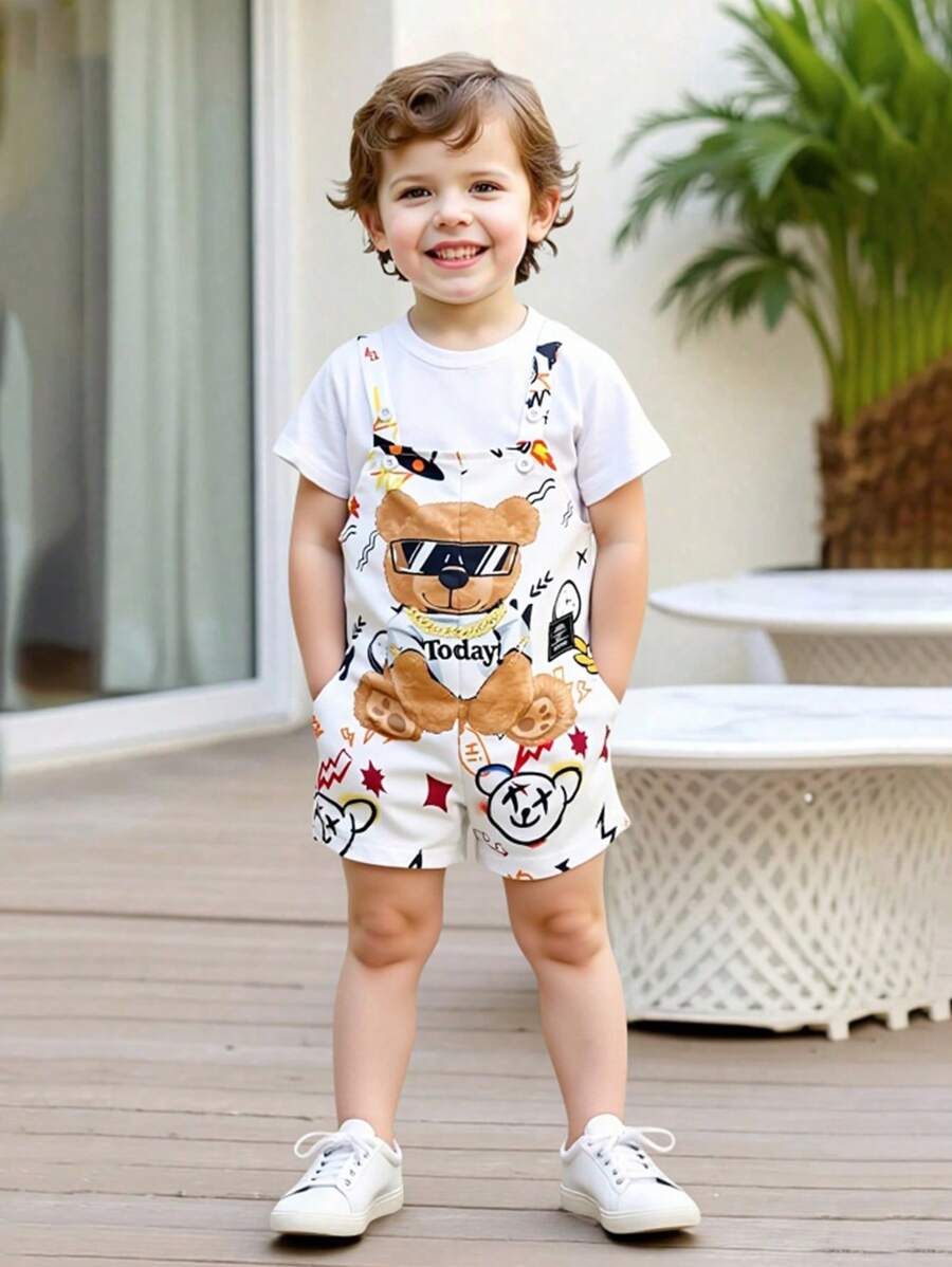 Conjunto de camiseta e shorts estilo street casual para bebês meninos de 0 a 3 anos, e estampa de ursinho de pelúcia - Multicolorido - Ver 1