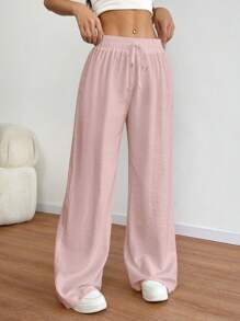 Flirla 女士休闲亚麻混纺高腰阔腿直筒裤，春夏 - 粉色 - 查看 3
