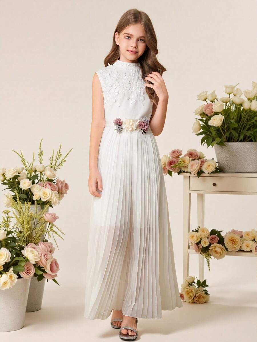 SHEIN Tween Girl Elegant Lace Leaf Pattern Stand Collar Pleated Jumpsuit, Suitable For Wedding Season & Party - White - View 1
