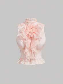SHEIN MOD 梦幻浪漫粉色高领优雅宫廷背心，带有分层褶边 - 非常适合度假、约会、生日庆祝、下午茶和节日、夏季、海滩、度假、狂欢、乡村音乐会 - 粉色 - 查看 1