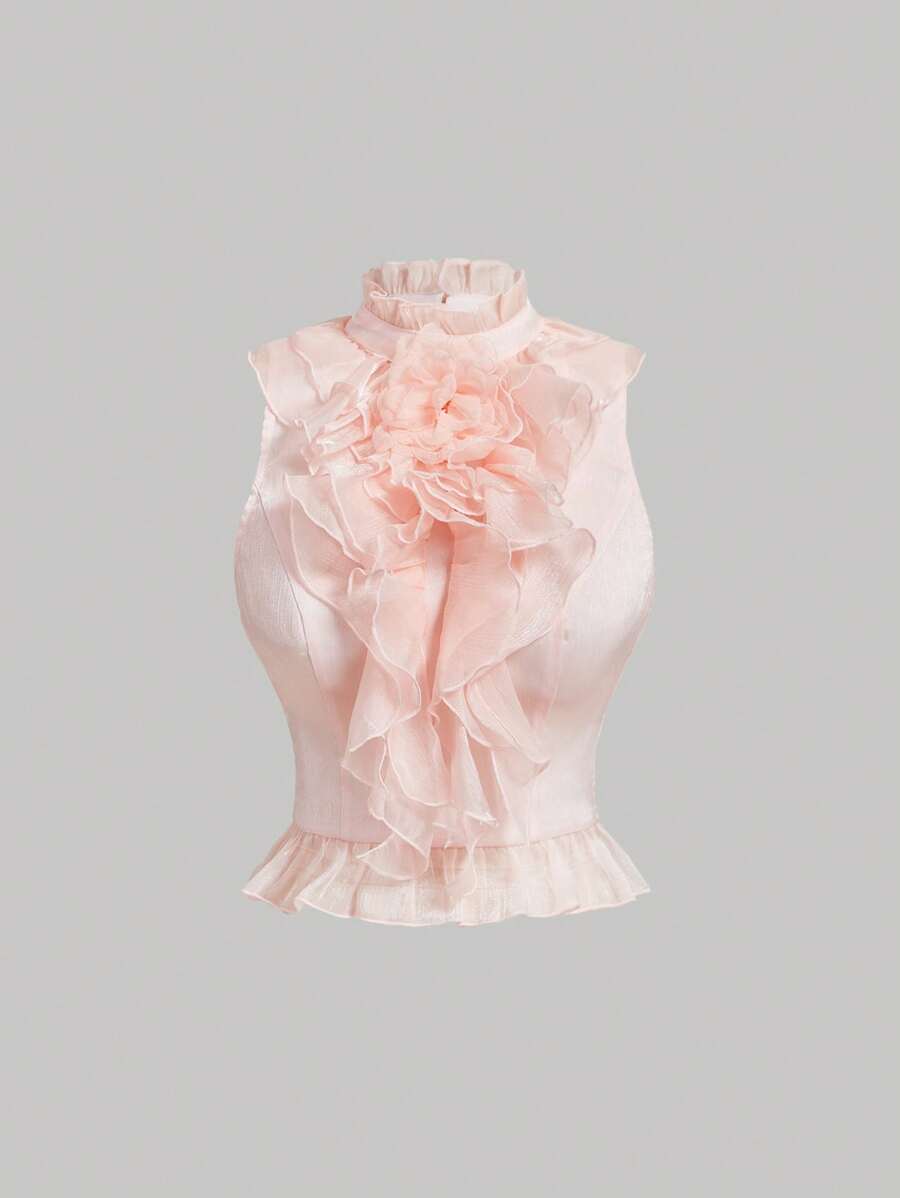SHEIN MOD 梦幻浪漫粉色高领优雅宫廷背心，带有分层褶边 - 非常适合度假、约会、生日庆祝、下午茶和节日、夏季、海滩、度假、狂欢、乡村音乐会 - 粉色 - 查看 1