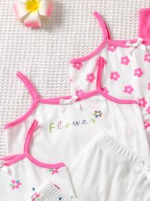 SHEIN Playful Pals 8 件套女婴新生儿/幼儿可爱休闲条纹针织背心和短裤套装，适合春夏季日常穿着，0-3 岁 - 玫紅色 - 查看 4