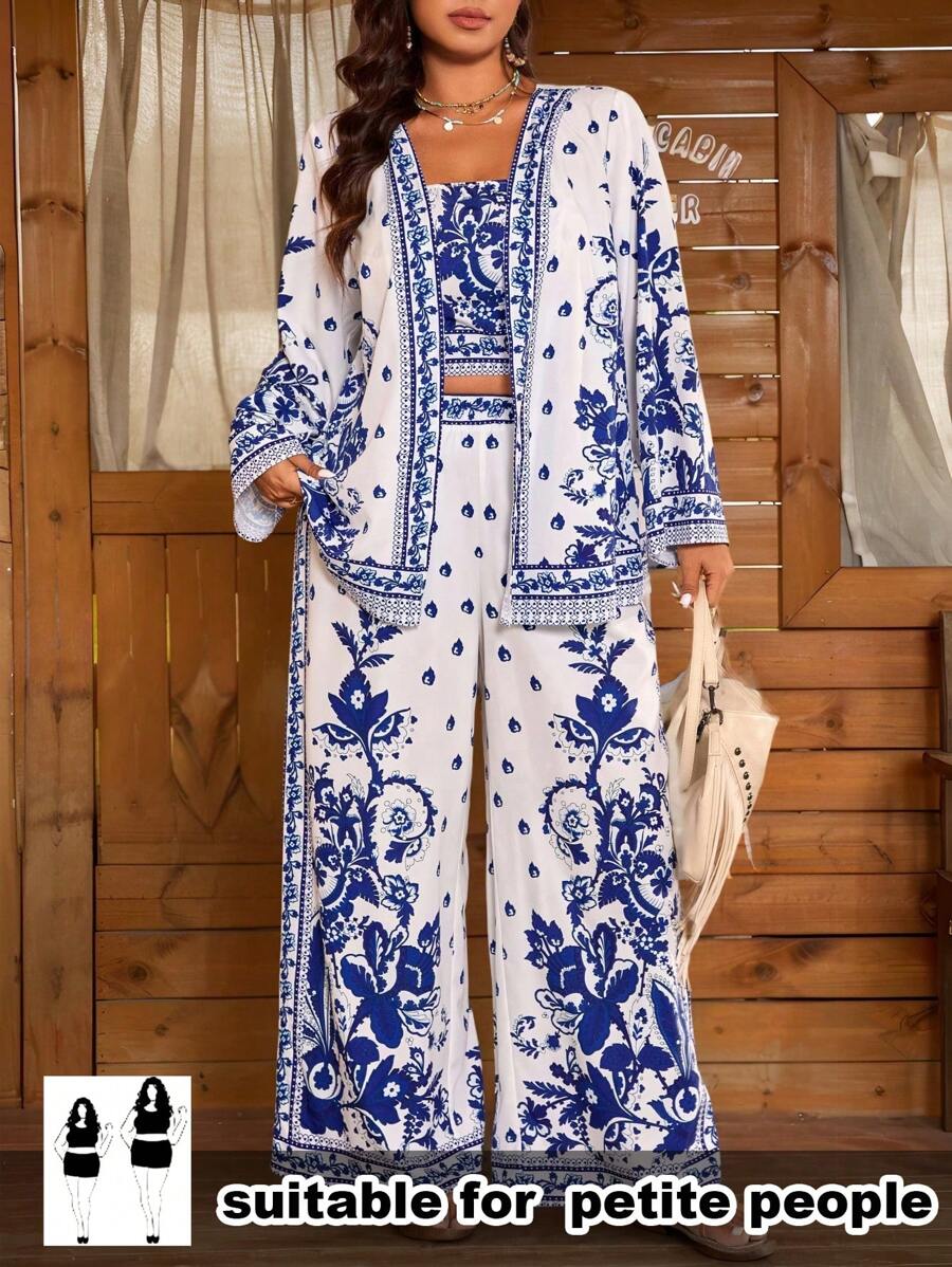 SHEIN PETITE CURVE 3 件套加大码度假风格印花背心、裤子和轻便夹克沙滩罩衫夏季服装 - 彩色 - 查看 1