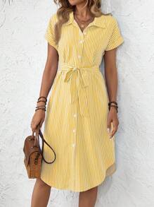 EMERY ROSE 女式节日休闲条纹前扣中长衬衫裙 - 黃色 - 查看 7