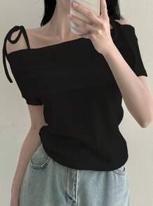 DAZY 女士纯色露肩短袖T恤上衣，优雅夏日 - 黑色 - 查看 3