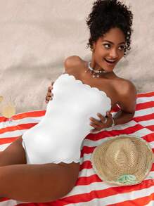 Swim Mod 1pc Solid Color Vacation Arc-Edged Bandeau One-Piece Swimsuit For Women For Summer - White - View 5