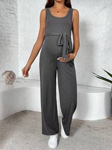 SHEIN Pregnant Women Summer Solid Color Jumpsuit - Grey - View 3