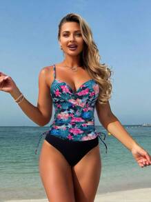 Swim Lushoire Women's Spring/Summer Beach Tropical Plants Random Printed Steel Circle Gather Drawstring Strap Tank Top Bikini Two Pieces Set - Multicolor - View 1