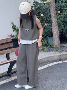 Dazy Kids 2 件套幼儿女童无袖圆领上衣 + 阔腿裤，夏季服装 - 灰色 - 查看 1