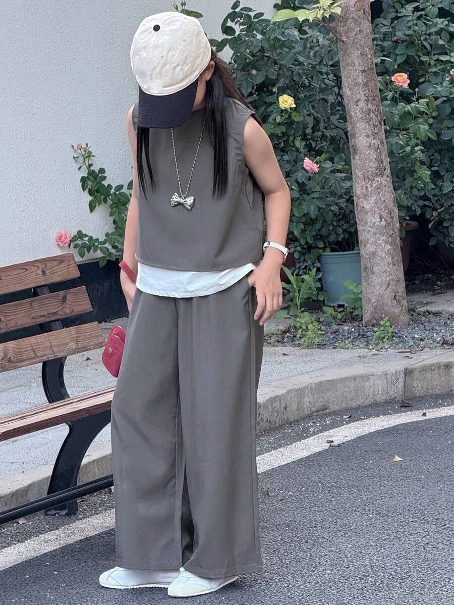 Dazy Kids 2 件套幼儿女童无袖圆领上衣 + 阔腿裤，夏季服装 - 灰色 - 查看 1