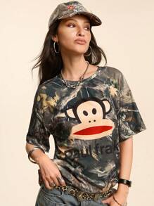 Paul Frank X SHEIN Camiseta casual de mujer de manga corta y cuello redondo con patrón de mono y letras, para verano