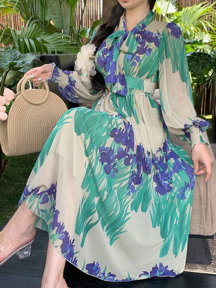 Women's Summer Floral Print Elegant Chiffon Tied Bow Bohemian Midi Dress For Vacation