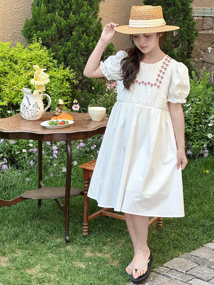 Tween Girls Round Neck Short Puff Sleeve Ruffled Casual Dress, Summer