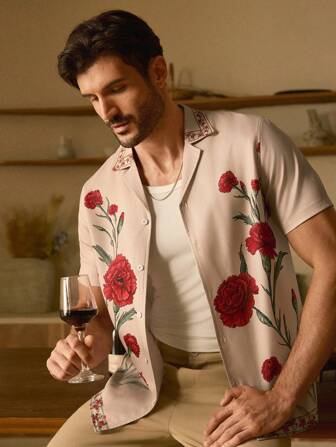 GENTILAND Camisa de manga corta casual de hombre, con cuello , corte regular y estampado floral