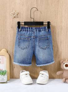 SHEIN Baby Pojke Sommar Casual Slitna Rivna Frayed Blå Knappar Framfickor Skinny Jeansshorts, Baby Vår/Sommar Vårlov Vardagskläder - Mediumtvätt - Visa 2