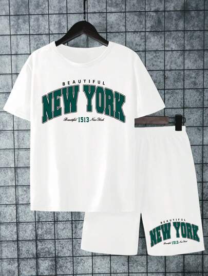 SHEIN 1 set tonårspojke med rund halsringning, t-shirt med kontrastfärg och sportbyxor, 2 delar, avslappnad och cool semesteroutfit, sommar