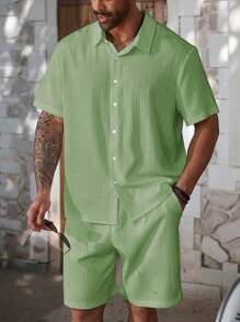 Manfinity Homme Bộ đồ thường ngày cho nam cỡ lớn mùa hè màu trơn tay ngắn một hàng khuy và quần short - Màu xanh Bạc hà - Xem 6