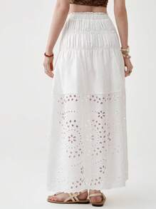 Florisole Damen Boho Quasten gebundener Cut Out floraler Volant Saum A-Linie Maxirock, Apricot, Frühling/Sommer - Weiss - Übersicht 3