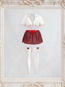 Fantasy Costume 7pcs Student Uniform Sexy Floral Mesh Tulle Skirt Set With Leg Rings