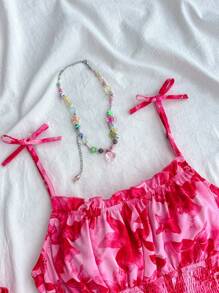 SHEIN 少女热带植物印花细肩带蝴蝶结前开衩连衣裙，波尔卡圆点泡泡袖 A 字形侧开衩度假迷你连衣裙，淡色系夏季连衣裙 - 粉色 - 查看 3