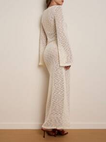 Nöista Elegant Lace Maxi Dress With Long Sleeves,Belt,Cream White,Autumn,Boho,Vacation,Holiday For Graduations,Evening Celebrations,Delicate Detailing - White - View 2