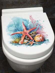 1pc/2pcs/4pcs Ocean Beach Cartoon Starfish Pattern Stickers PVC Bathroom Seat Cover Stickers Vinyl Stickers, Bathroom Bucket Cover Stickers, Bathroom Decorations, Waterproof Removable Stickers - Multicolor - View 5