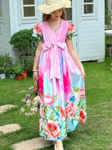 SHEIN LMoss Kids Tween 女童碎花 V 领休闲梭织连衣裙 - 彩色 - 查看 6