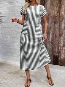 EMERY ROSE Women's Long Striped Dress With Short Sleeves, Fashionable And Suitable For Summer,Dresses For Women Summer