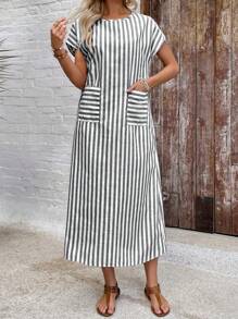 EMERY ROSE Women's Long Striped Dress With Short Sleeves, Fashionable And Suitable For Summer,Dresses For Women Summer