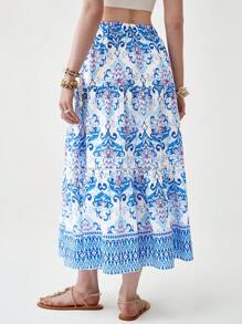 Florisole Gonna midi casual con stampa floreale boho, orlo a campana e patchwork - Blu - Visualizzare 4