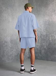 SUMWON Conjunto premium de dos piezas con sudadera de media cremallera y shorts con cordón, estilo urbano y de calle, ropa de estar en casa para el verano - Celeste - Ver 2