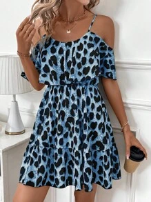 SHEIN Clasi Women's Leopard Print Cold Shoulder Ruffle Hem Strap Vacation Dress Night Out Vacation Blue Leopard Print Summer Sexy - Blue - View 4