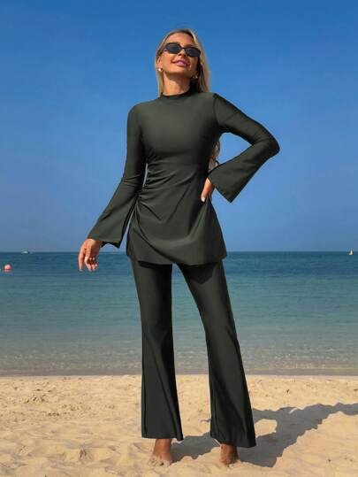Swim Mulvari Women New Solid Color Summer 2-Piece Set High Neck Long Sleeve Ruffle Flare Sleeve Tie Waist Swimsuit, Modest Vacation Sun Protection Beach Wear