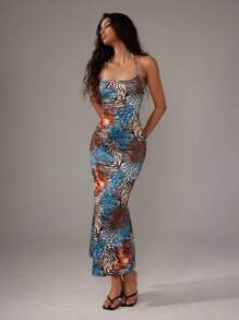TRNVIE Women Leopard Print Halter Neck Bodycon Fish Tail Dress Maxi Women Outfit - Blue - View 4
