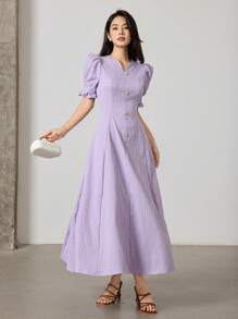 Modelyn Solid Puff Sleeve Button Front Arabian Dress Long Evening Dresses - Purple - View 5