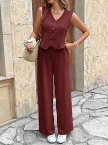 SHEIN Frenchy 2 chiếc/Bộ đồ đi nghỉ cho nữ áo vest một hàng khuy và quần thường ngày - Gỗ đỏ - Xem 6