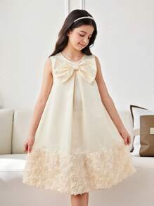 Tween Girl 3D Flower Patchwork Big Bow Decor Round Neck Sleeveless A-Line Dress