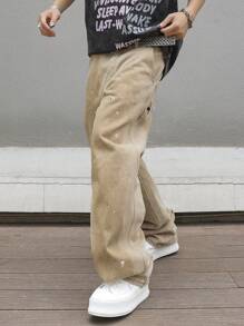 Manfinity EMRG 男士休闲水洗做旧直筒牛仔裤 - 卡其色 - 查看 3