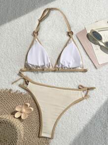 SHEIN Teen Girls Khaki Contrasting Ribbed Halter Neck Pleated Bikini Textured Vacation Briefs Two-Piece Swimwear/Beachwear/Holiday/Bow/Elegant/Vacation/ - Apricot - View 2