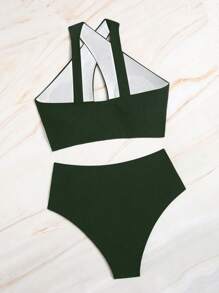 SHEIN Swim Bộ đồ bơi gợi cảm thời trang 2 mảnh đan chéo màu trơn khoét lỗ - xanh quân đội - Xem 6