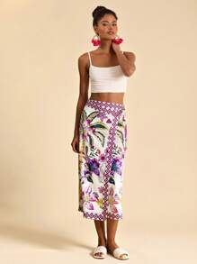 Travachic 热带印花系带围裹式度假休闲裙，度假，夏季，女士夏季服装，节日服装 - 紫色 - 查看 5