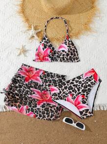 青少年女孩 3 件比基尼套装，时尚针织豹纹泳衣带罩衫，时尚优雅，适合游泳、度假、夏季年轻女孩夏季服装年轻女孩套装青少年泳衣 2 件套 - 彩色 - 查看 1