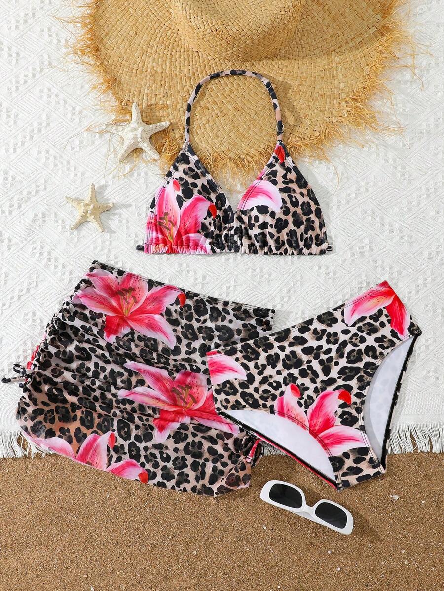 青少年女孩 3 件比基尼套装，时尚针织豹纹泳衣带罩衫，时尚优雅，适合游泳、度假、夏季年轻女孩夏季服装年轻女孩套装青少年泳衣 2 件套 - 彩色 - 查看 1